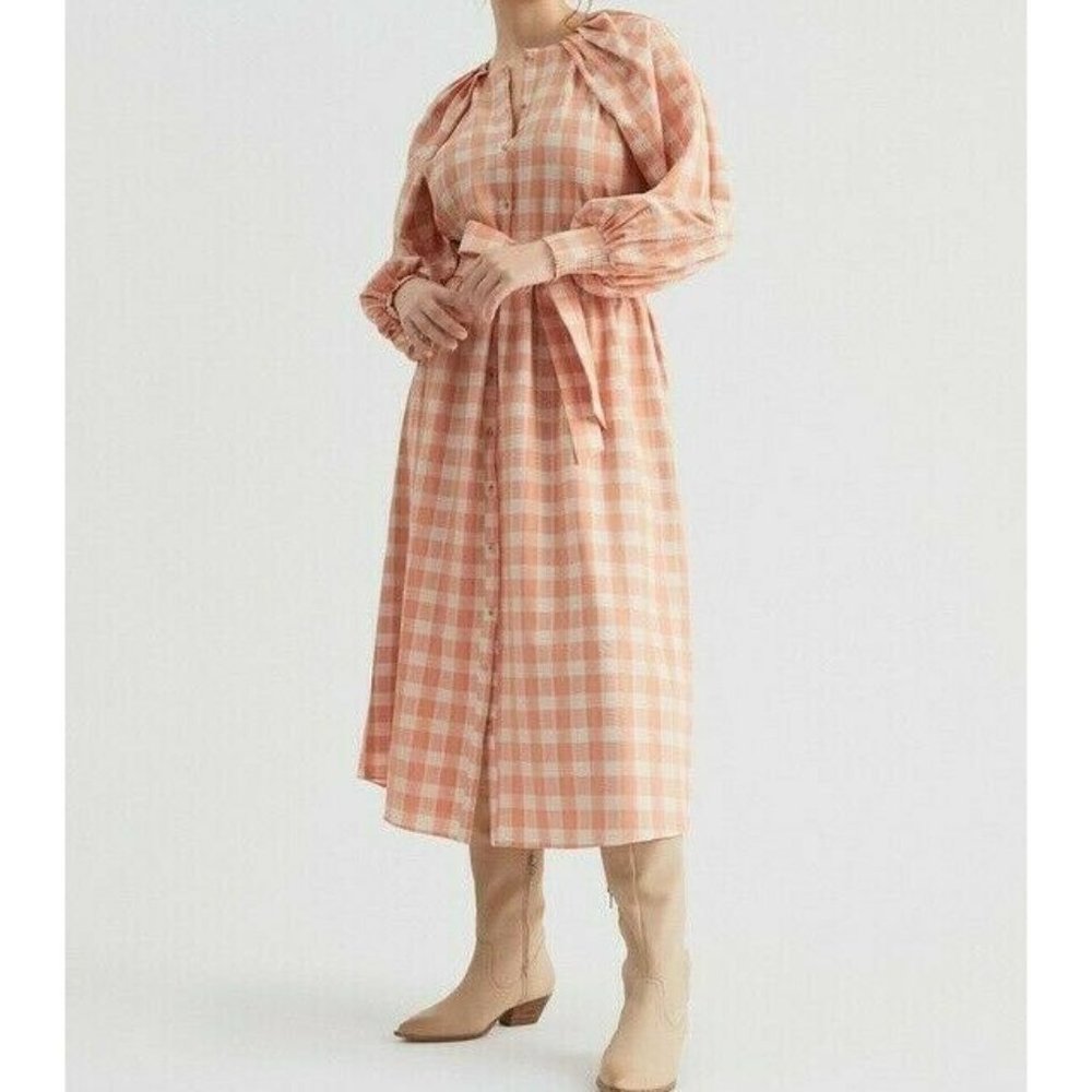 Witchery Womens Check Midi Shirt Dress Pastel Orange Long Sleeve Size 12 /14 NEW - Picture 2 of 12
